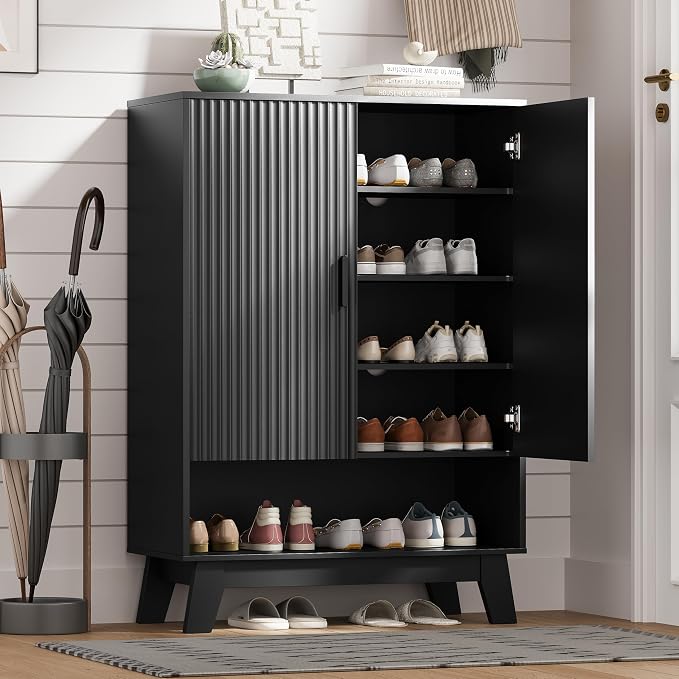 HUANLEGO Shoe Cabinet Storage for Entryway with Doors, Black | 5 Tier Fluted Shoe Organizer with Adjustable Shelves, Shoe Storage with Wooden Legs, Freestanding Shoe Rack for Entryway