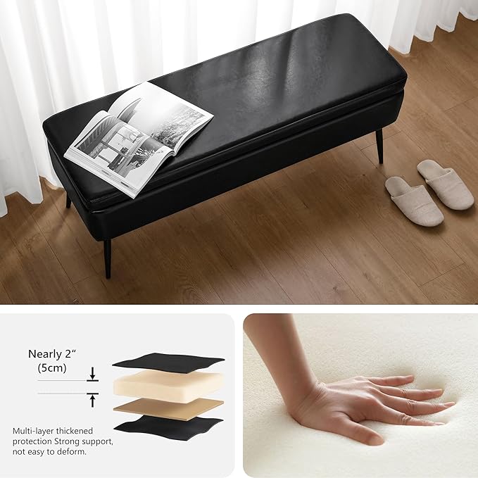 kinmars Leather Storage Ottoman Bench, End of Bed Bench with Steel Legs | Black Leather Smooth Upholstery Design | 660 lb Capacity | Safety Hinges |Mid-Century Modern Style | Bedroom & Entryway