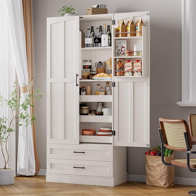 71" Tall Farmhouse Kitchen Pantry Cabinet with 3 Pull Out Shelves & 2 Large Drawers, Pantry Storage Cabinet with 6 Door Shelf & Adjustable Shelf, Freestanding Cupboard for Kitchen, Dining Room