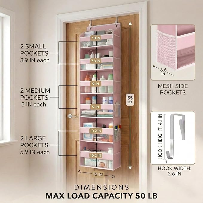 HOMELUX THEORY UPGRADED 6 Tiers Over The Door Organizer Hanging - 100D EXTRA THICK & 50lbs HUGE CAPACITY, 12 Side Mesh Pockets Over The Door Shoe Organizer, Hanging Closet Organizer (Baby Pink, 2pc)