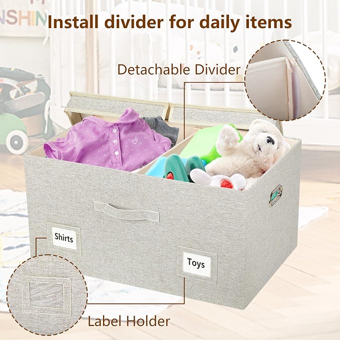 Storage Bins with Lids Fabric Closet Organizers Cubes Office Organization | 75 Quarts 1 Pack Beige Collapsible Stackable Linen Fabric 4 Handles Bedroom Closet Cabinet Under Bed Clothes Toy Office File