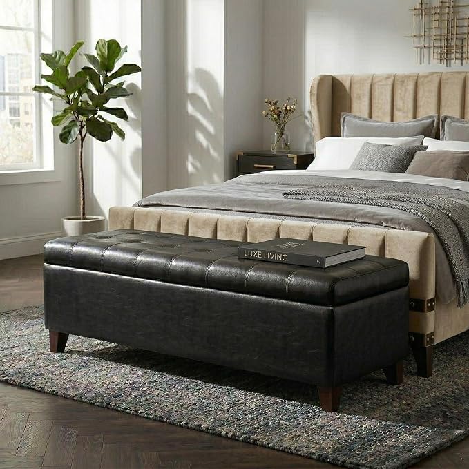 Black Ottoman with Storage Faux Leather Storage Ottoman Bench | 51 Inch Upholstered End of Bed Ottomans with Hinged Lid, Rectangle Long Foot Rest Bench for Entryway Living Room Bedroom