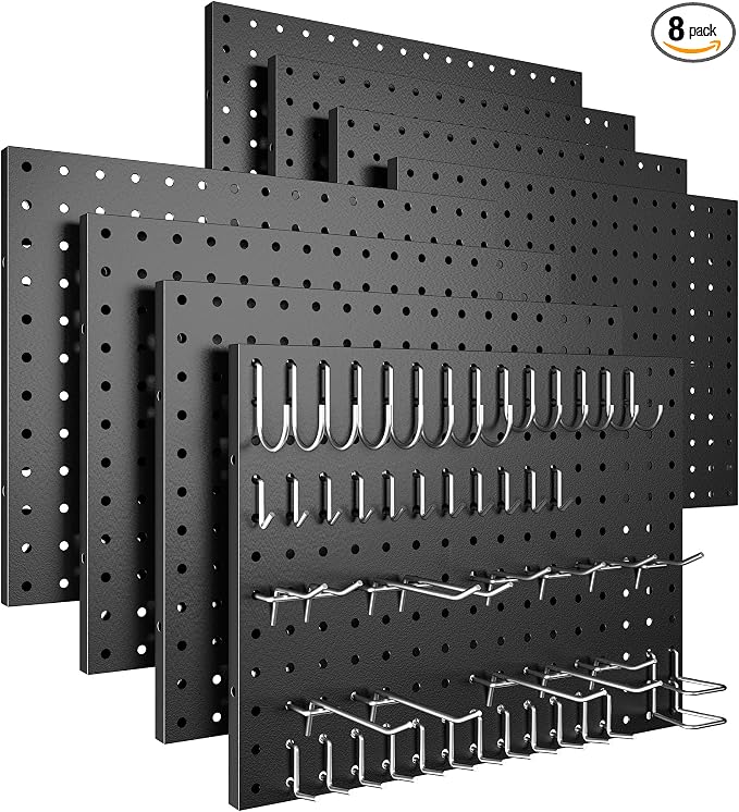 Spampur Peg Board, 8 Pack Metal Pegboard Panels with 50 Hooks | Black Pegboards Wall Organizer, Heavy Duty Peg Board for Garage Tool Storage, Office Organization, Craft Room, Kitchen