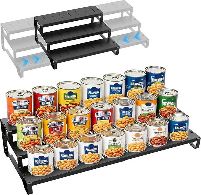 Expandable Can Organizer for Pantry, 3-Tier Adjustable Metal Can Rack | Tiered Pantry Shelf, Adjustable Width Can Dispenser for Deep Cabinet,Kitchen Countertop & Canned Goods Storage Holder