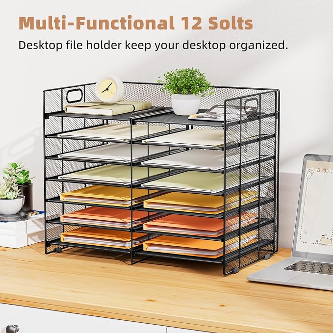 Marbrasse 12 Slots Desktop Literature Organizer, 7-Tier Mesh Paper Organizer for Desk, Adjustable Mail File Sorter Tray with Handle, Desktop Classroom Mailbox Cabinet for Office Home School, Black