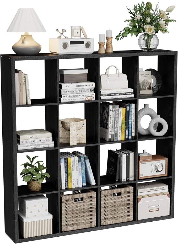 VDNEND Cube Storage Organizer Bookcase, Decorative 11 inch Open Back Cubical Shelf with Thickened Border, Display Bookshelf for Living Room, Home Office, Sturdy Room (Black, 16 Cube)