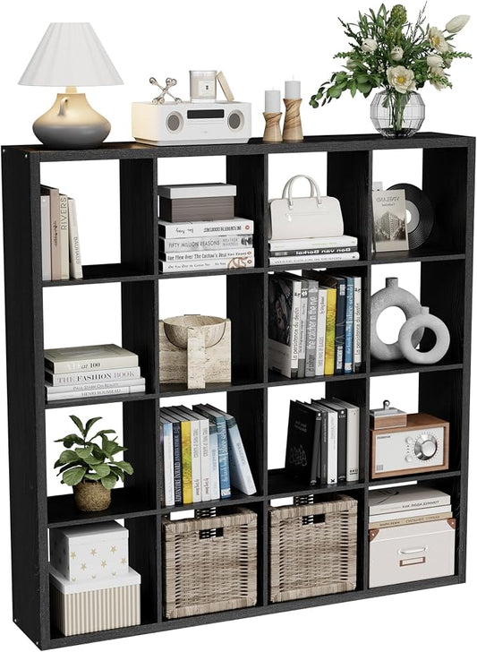 VDNEND Cube Storage Organizer Bookcase, Decorative 11 inch Open Back Cubical Shelf with Thickened Border, Display Bookshelf for Living Room, Home Office, Sturdy Room (Black, 16 Cube)
