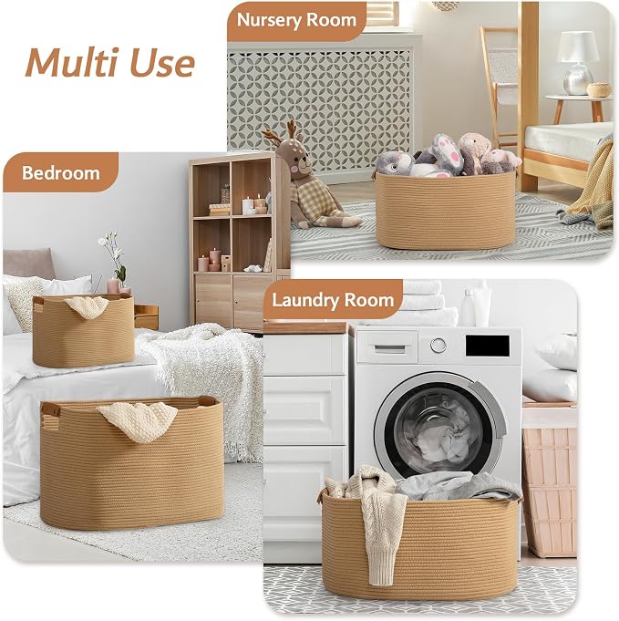 danpinera 108 L Blanket Basket for Living Room, Toy Basket With Leather Handle, Large Storage Bins for Toys, Pillows, Clothes, Rectangle Large Cotton Rope Basket, 25’’*16’’*16’’ Jute