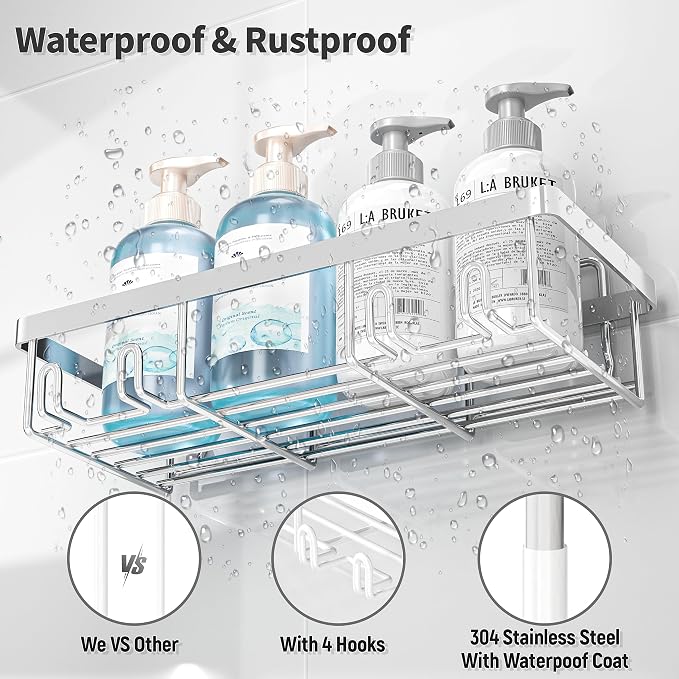 Liuoud 10 Pack Shower Caddy Organizer Rack Shelf for Inside Shower, Self Adhesive Wall Storage Basket Rustproof Stainless Steel Shampoo Holder Bathroom Accessory Decor Set, Silver