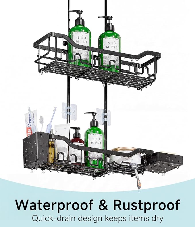 Shower Caddy Hanging Over the Door, Upgraded Extended Length Shower Organizer, Rustproof Bathroom Rack with Hooks Soap Holder