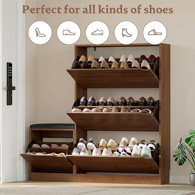 BORNOON Shoe Cabinet with Bench and 3 Flip Drawers, Slim Narrow Shoe Storage Cabinet, Freestanding Shoe Rack Organizer with Adjustable & Removable Shelves, Anti-Tip for Entryway, Hallway, Foyer
