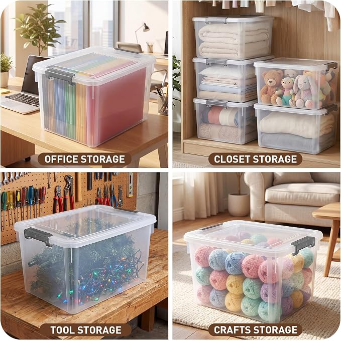 Citylife 32 QT Plastic Storage Bins with Latching Lids Stackable Storage Containers for Organizing Large Clear Storage Box for Garage, Closet, Kitchen, 8 Packs