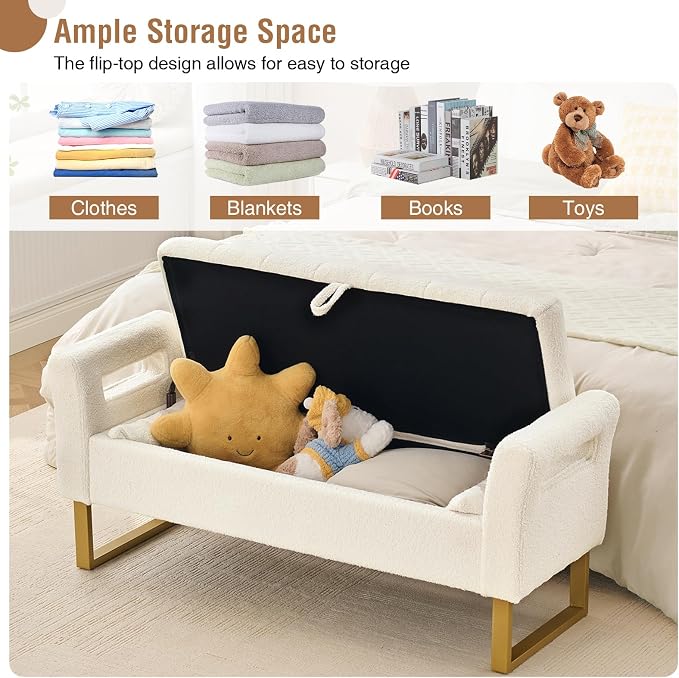 52" Storage Bench for Bedroom Upholstered End of Bed Bench Queen Size Ivory | Bedroom Benches for Foot of Bed Queen with Gold Legs,2 Pillows,Teddy Storage Ottoman Bench for Bedroom,Entryway,Cloakroom