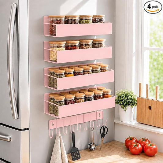 SMRCAD Metal Magnetic Spice Rack 4 Pack with Hook – Heavy-Duty | Iron construction, dust-resistant, fits condiment bottles, includes screws for optional wall mount