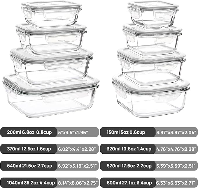 Vtopmart 8 Pack Glass Food Storage Containers with Airtight Lids | Meal Prep Lunch Containers, Leakproof, Leftover Storage, Take-out, Microwave, Oven, Freezer and Dishwasher Safe, BPA Free
