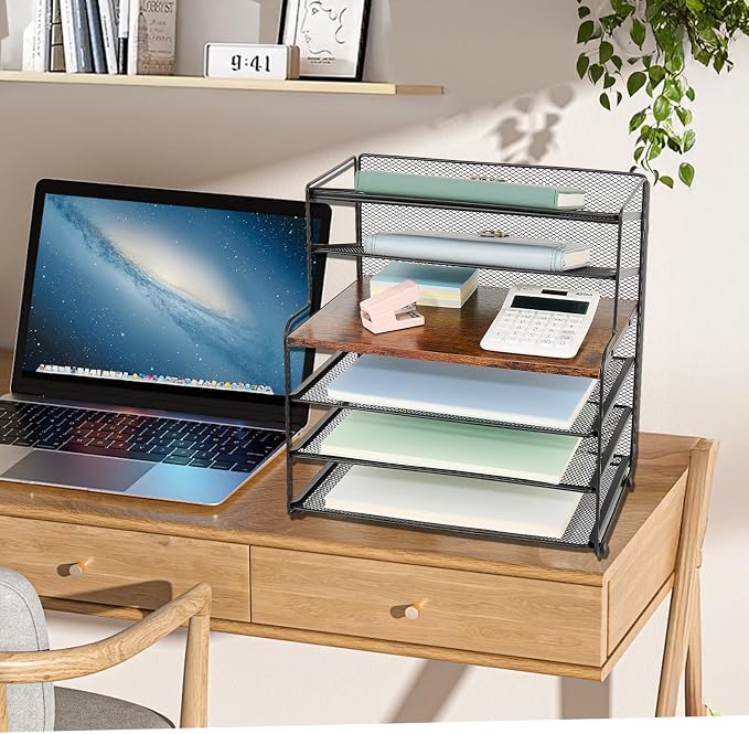 OPNICE 6-Tier Letter Tray Paper Organizer, Desk Organizers and Accessories, Desktop File Organizer, Office Desk Accessories for Office Supplies (Wood Brown)