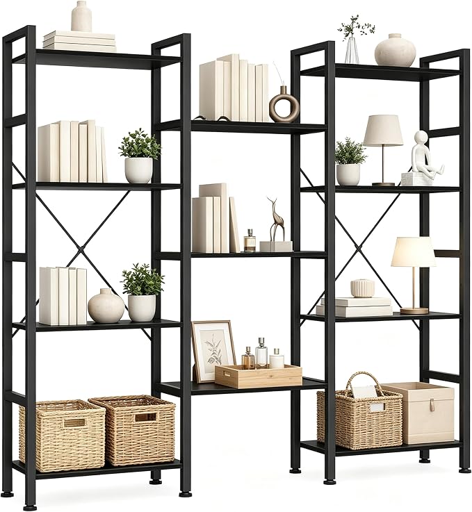 HealSmart Triple Column 4 Tier Bookshelf, Industrial Bookcase with 11 Open Display Adjustable Shelves, Wide Convertible Display Modern Bookshelf for Living Room & Home Office, Black