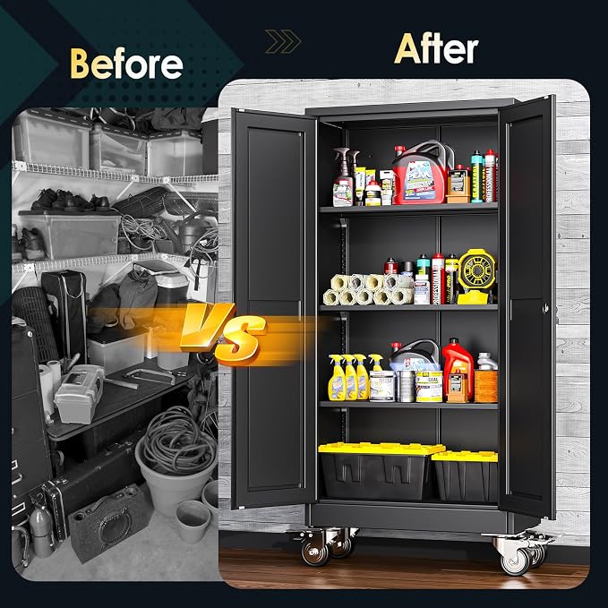 PAOFIN 61''H Metal Garage Storage Cabinet with Wheels,Steel File Cabinets with 2 Doors and 3 Adjustable Shelves for Home Office, Warehouse, Required Assembly,Black