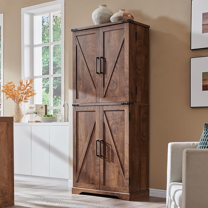 72" Tall Wooden Pantry Storage Cabinet with Door Shelves & Drawer | Farmhouse, Barn Doors, Adjustable Shelves, Freestanding, Anti-tip Kit, for Kitchen, Dining Room, Living Room