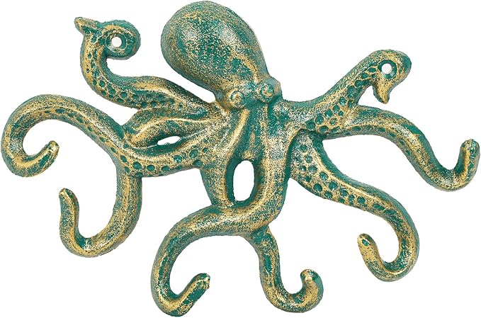 Sungmor Cast Iron Key Holder for Wall, Green Octopus Hanger with 6 Hooks, | Wall Hooks for Towel, Bathrobe, Necklaces, Purse, Dog Leashes, Bathroom Nautical Decor