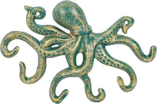 Sungmor Cast Iron Key Holder for Wall, Green Octopus Hanger with 6 Hooks, | Wall Hooks for Towel, Bathrobe, Necklaces, Purse, Dog Leashes, Bathroom Nautical Decor