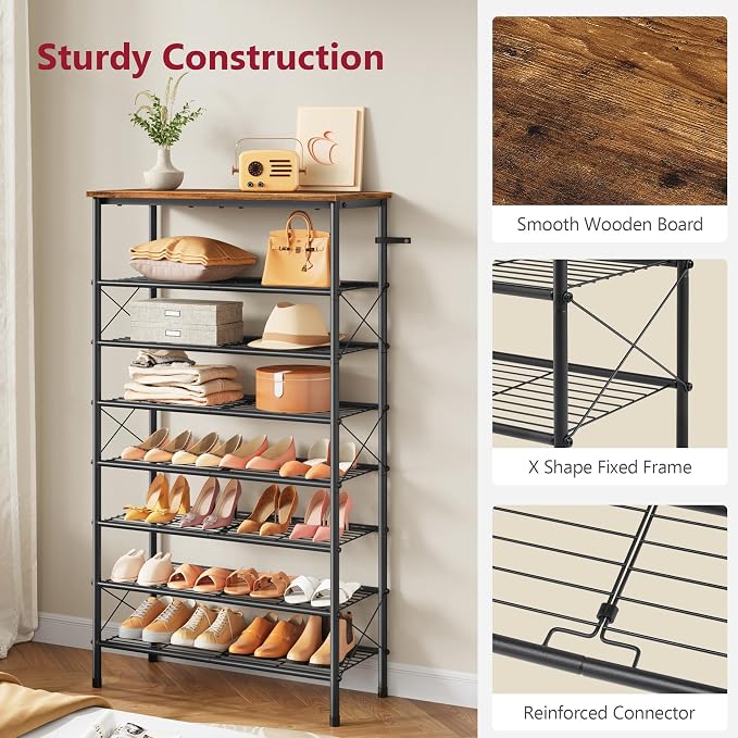 8 Tier Shoe Rack for 28-32 Pairs of Shoes, Rustic Brown & Black | Sturdy & Durable, X Shape Fixed Frame, Metal Mesh Shoe Shelf, Industrial, For Closet, For Entryway Shoe Storage