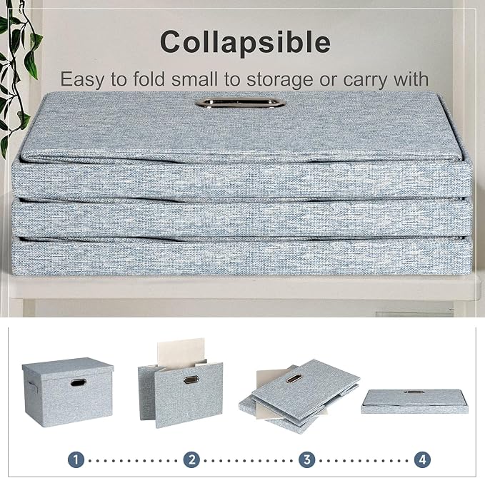 Storage Bins with Lids Fabric Closet Organizers Cubes Office Organization | 36 Quart 3 Pack Blue-Grey Collapsible Stackable Linen Fabric 4 Handles Bedroom Closet Cabinet Under Bed Clothes Toy Office