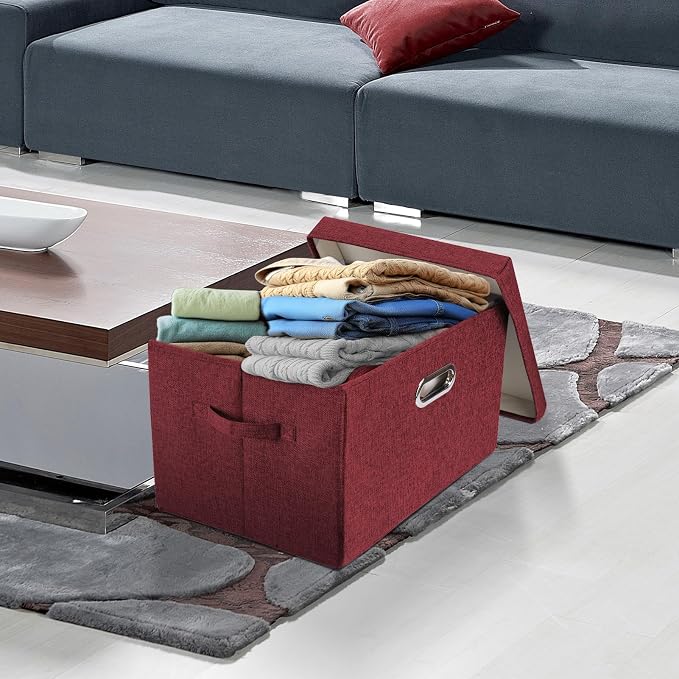 Collapsible Storage Bins With Lids, Large Fabric Storage Boxes - 2 Pack - Red Wine