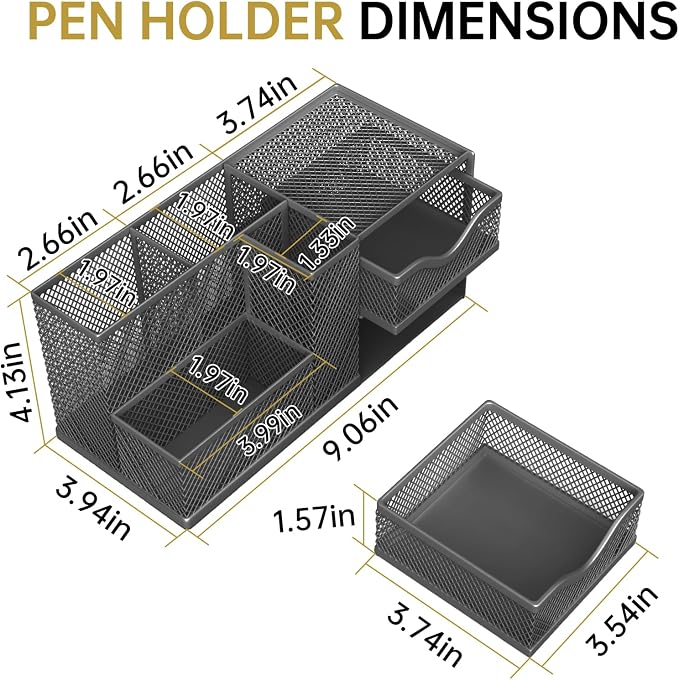 Mesh Desk Organizer with 2 Drawers and 5 Compartments, Pen Holder for Desk | Versatile Storage for Pens, Notes, Clips, Desk Accessories and Office Supplies for School Office Classroom
