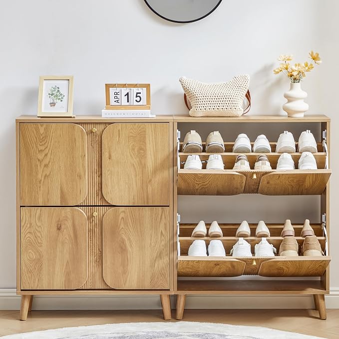 BERRYMERRY Natural Shoe Cabinet with 2 Flip Drawers Fluted Recessed | narrow,entryway,16 pairs shoe,shoe organize,hidden shoe rack,fluted panel,wave pattern,wood,space saving