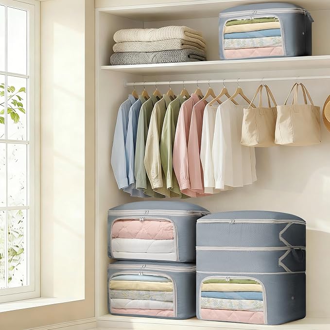 Comforter Storage Bag - Large Capacity Blanket Storage Bags Front-opening Ultra Space Saving Self Compression Organizer, Washable Compression Bags for Storage Comforter Blanket, 2 Pack, Grey