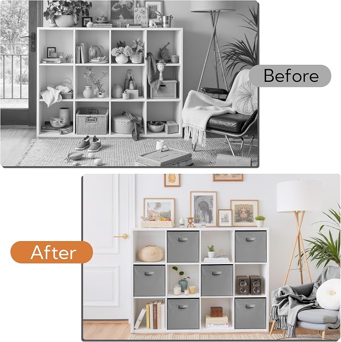 Cupic Cupid 13x13 Storage Cubes, 6 Pack Open Storage Bins with Handles, Storage Cube Organizer for Clothes and Toys, Collapsible Cube Bins for Closet, Shelves, Offices, Gray