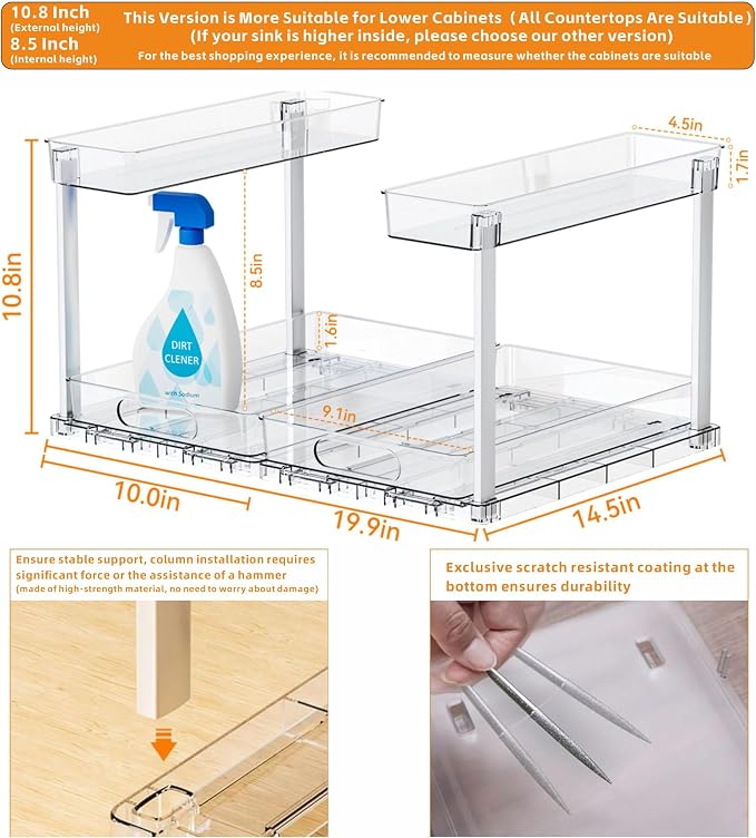 2 Pack 14.6″ Deep Pull Out Under Sink Organizer,10.8″ High 2 Tier Slide Out Cabinet Organizer for Kitchen Cabinet,Undersink Organizers,Under Sink Shelves,Bathroom Organizers and Storage,Clear