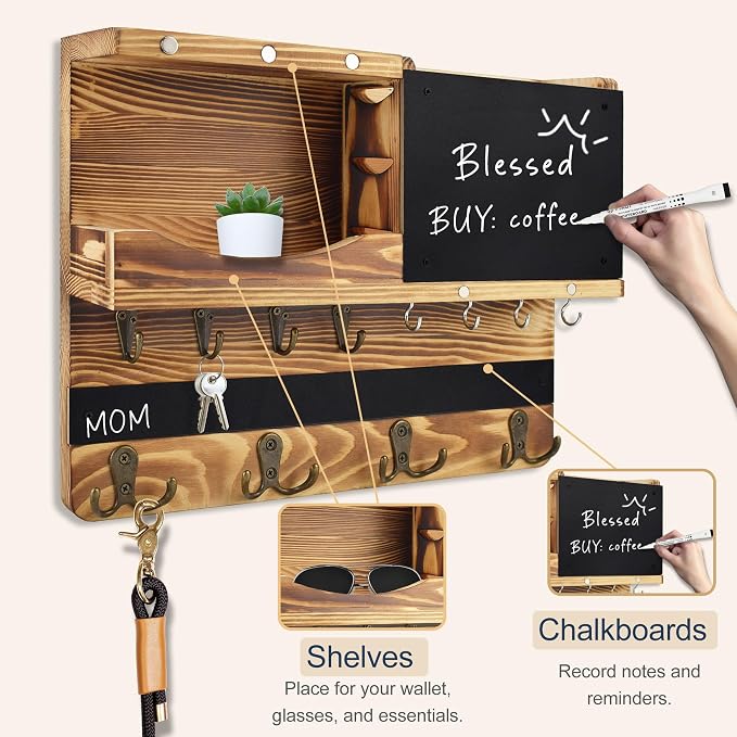 Key Holder for Wall Mount with Shelf and Mail Organizer, Key and Mail Holder with 16 Hooks, Farmhouse Entryway Organizer, Home Decor Rack(Pine Wood, Wood Color)