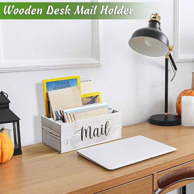 DRASTAR Mail Organizer Countertop, Mail Holder with 3 Slots, Mail Sorter Organizer for Desk, Envelope Holder for Home Office, Retro White