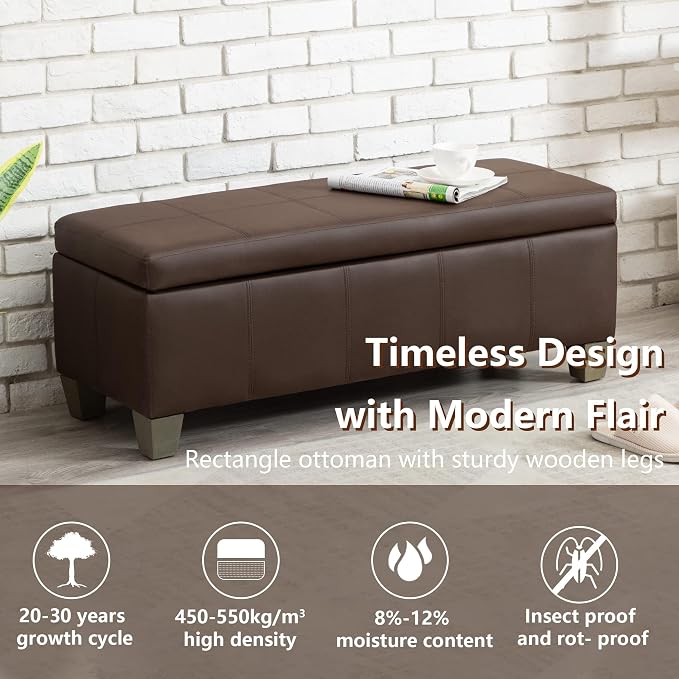 41" Storage Ottoman, Storage Bench with Safety Hinge, Upholstered Synthetic Leather Ottoman Bench for Bedroom, Living Room, Entryway, Hallway, Foot Rest, Support 500lbs, Brown
