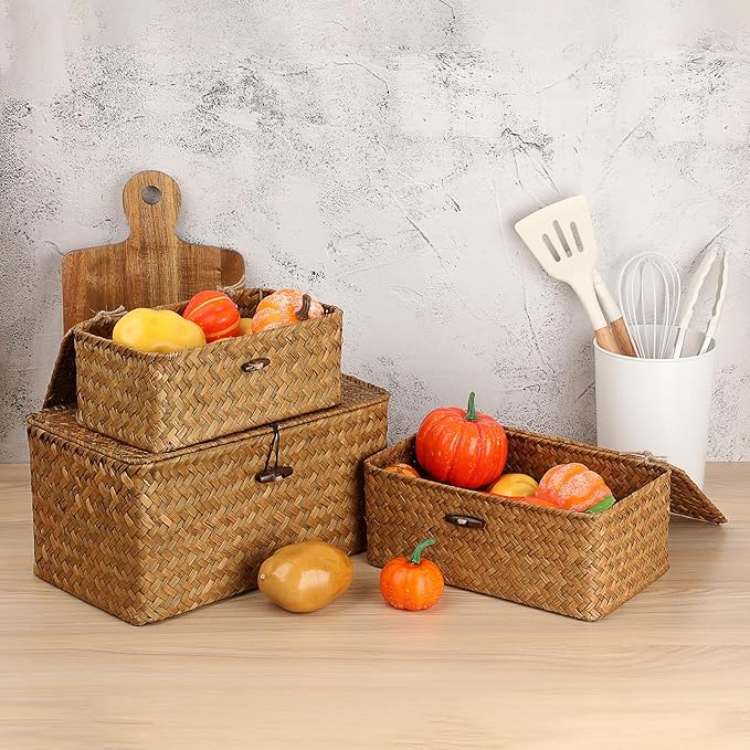 Sumnacon Wicker Basket with Lid Rectangle Woven Baskets for Toiletries Tampon Storage,Wicker Storage Basket with Lid,Decorative Seagrass Storage Baskets for Shelf Bathroom Toilet Table, Caramel