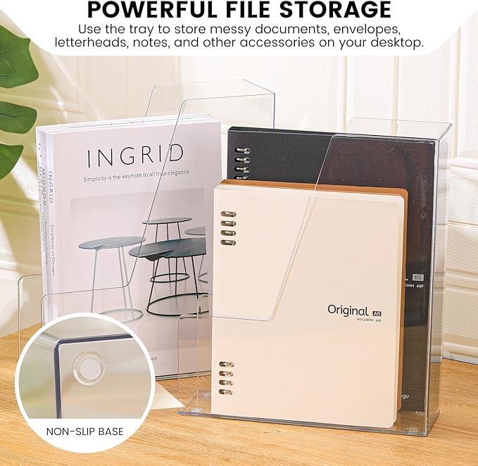 CiWiVOKi Vertical File Holder, Clear PET Desk Organizer and Storage Bins Holding for Magazines, Binders, Notebooks, Envelopes, Multi-purpose Plastic Document Organizer for Home Office, 4 pack