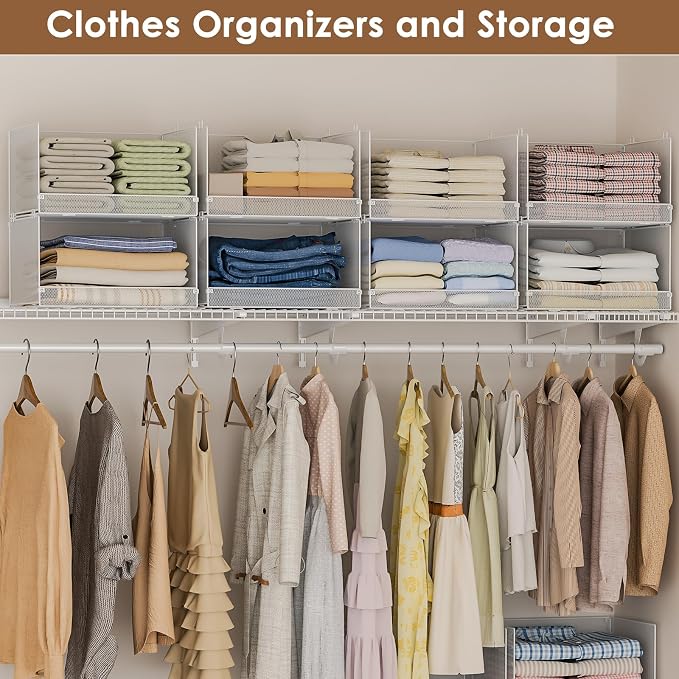 Tiaoheka 4-Tier Stackable Closet Organizers and Storage Shelves, Foldable Closet Shelf Organizer, Stackable Storage Bins Drawers for Closet Organizer System, White(Patent Pending)