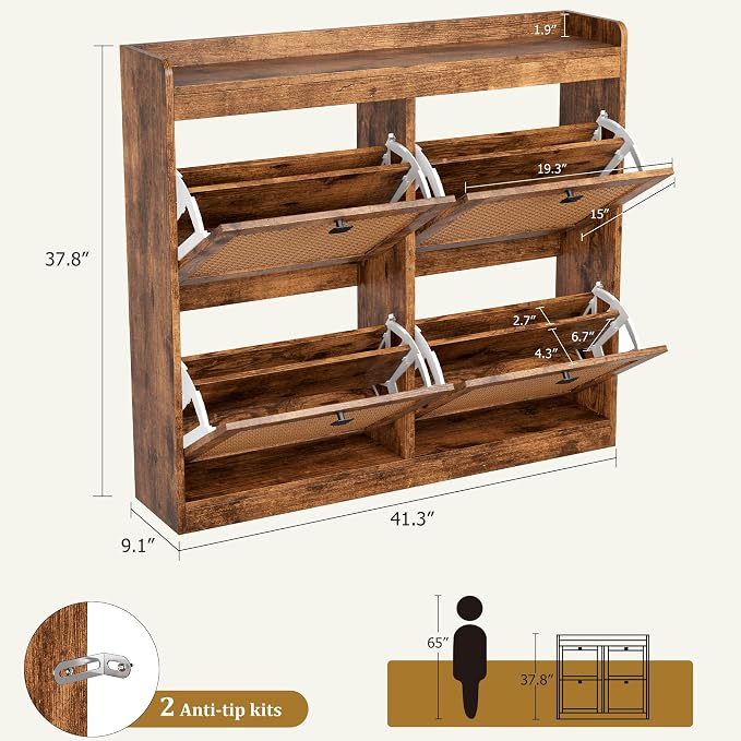 Garvee Shoe Storage Cabinet with 4 Deep Flip Drawers, Wood Shoe Cabinet with Rattan Doors and Adjustable Shelves- Freestanding Shoe Organizer for Entryway, Hallway (Brown, 4 Drawers- 2PCS)