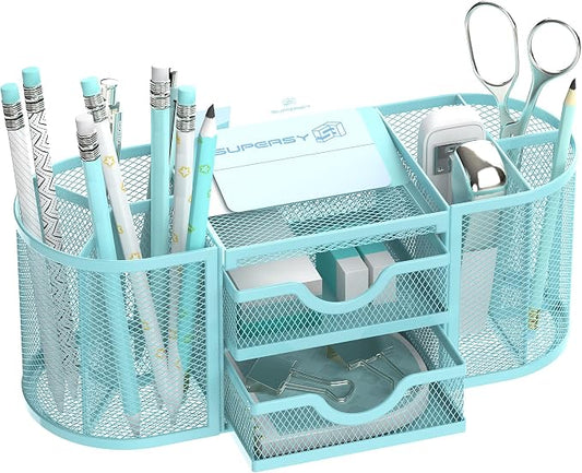 Mesh Desk Organizer, Desk Organizers and Accessories, Pen Holder with Drawers, Pencil Holder for Desk with 2 Drawer for Office Supplies, Blue