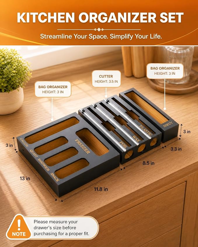 9 IN 1 Bamboo Foil and Plastic Wrap Organizer for Kitchen Drawer, Plastic Bag Organizer Organization and Storage, Food Storage Bag Organizer (BLACK)