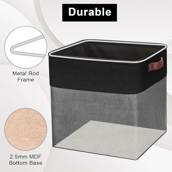 Bagnizer 13x13 Cube Storage Bins, Collapsible Fabric Storage Box, 4 Pack Closet Baskets with Handles for Organizing, Shelf, Toys, Clothes, Home, Office, Nursery (Grey&Black)
