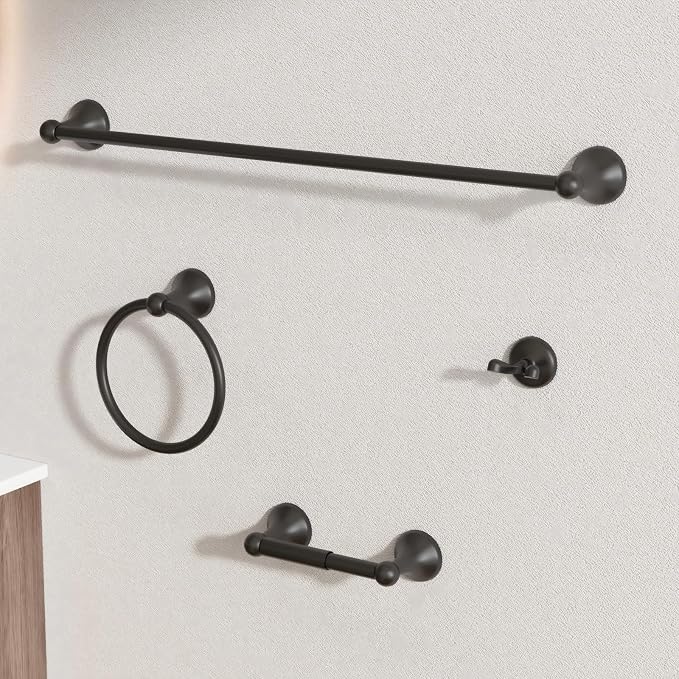 BGL Bathroom Accessory Set, Matte Black Adjustable Expandable Towel Bar 4-Piece Bathroom Hardware Set Wall Mounted Robe Hook Toilet Paper Holder Towel Ring Towel Bar