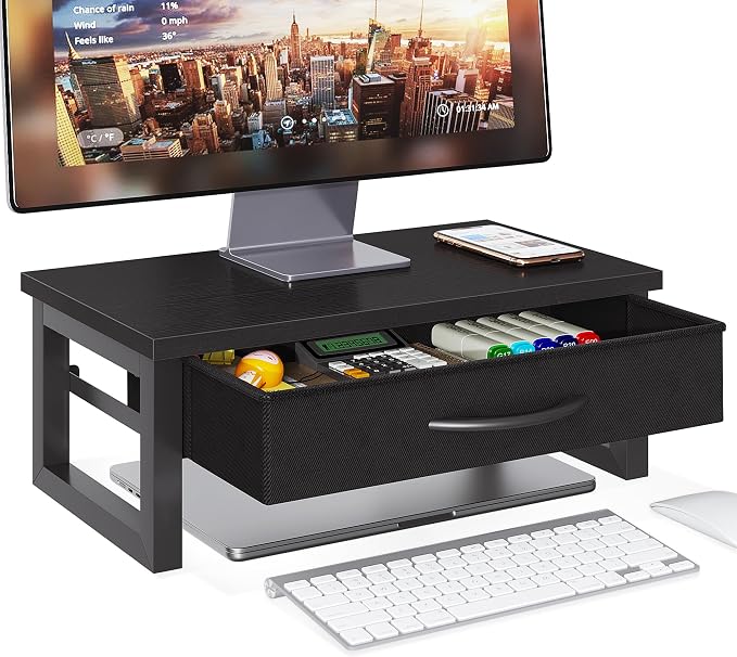 Computer Monitor Stand Riser, Desk Organizers and Accessories with Drawer, 2-Tier Laptop Stand for Desk, Office Organizer Storage, Wood