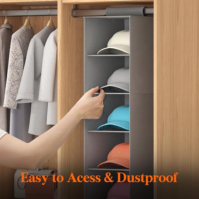 Lifewit 10 Section Hanging Hat Organizer for Baseball Caps, Gray, 2 Pack | Hat Rack Hanging Storage, Non-Woven Fabric Display Shelf Holds Up to 40 Hats, Cap Holder Hanger for Closet, Bedroom