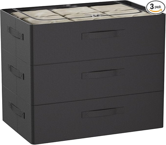 CYhom 3Pcs Under Bed Storage Bins with Metal Frame - Shoe Organizer for Closet with Clear Cover Oxford Fabric Sturdy Underbed Container Foldable Stackable Clothes Organizer (Black, 23.5x15.7x6.3)