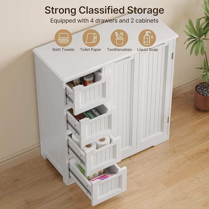 Gizoon Storage Cabinet, Bathroom Storage Cabinet with 4 Drawers & 2 Doors | Freestanding Floor Cabinet with Adjustable Shelf, Ample Storage Space for Bathroom, Kitchen, Living Room, Entryway, White