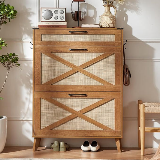 LEYAOYAO Shoe Cabinet Storage for Entryway with 2 Flip Drawers Rack Narrow Organizer Slim Hidden Wood Shoe Cabinet Furniture Tea Brown
