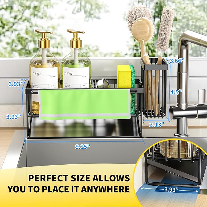 Cisily Kitchen Sink Caddy Organizer with High Brush Holder, Sponge Holder for Sink, 304 Rustproof Stainless Steel, Countertop Soap Dispenser Organizer, Black with Towel Rack, 9.25